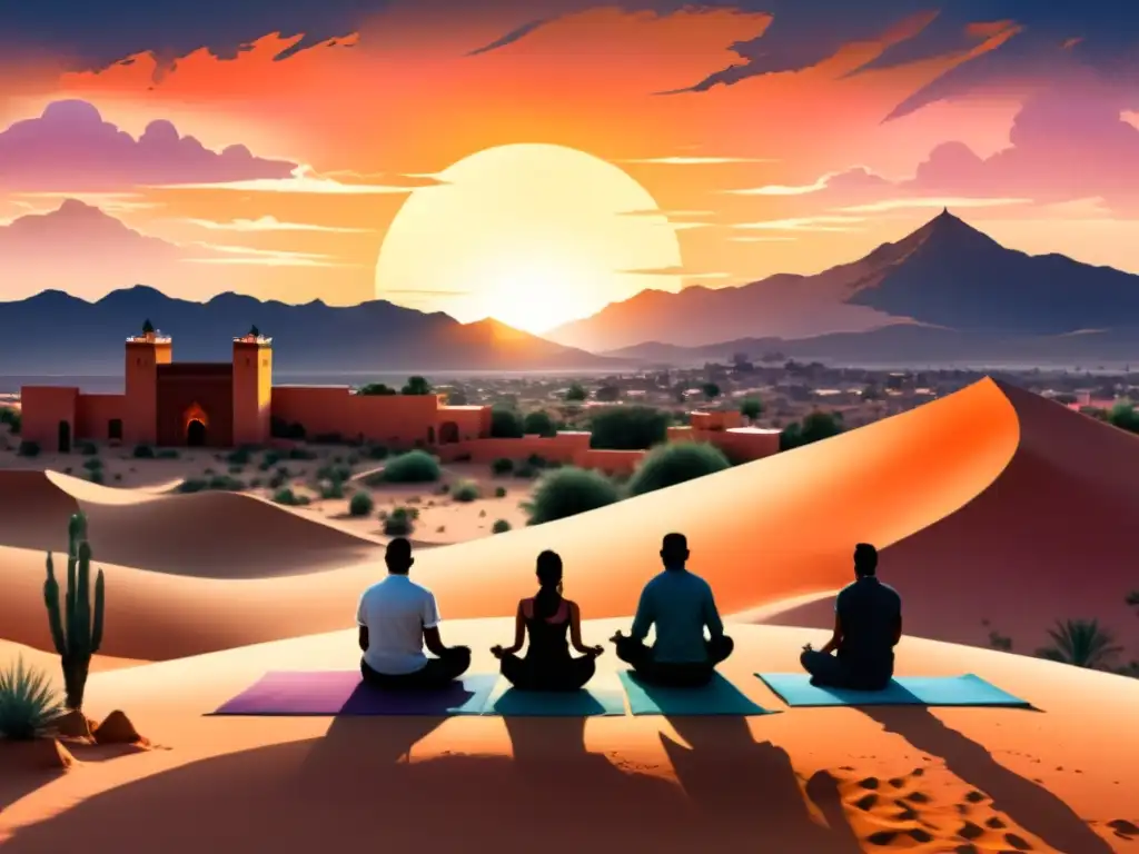 Marrakech, Desierto Sereno: Ilustración en Acuarela Retiro espiritual en Marruecos: Ilustración en acuarela detallada de un paisaje desértico en Marrakech al atardecer, con personas practicando yoga