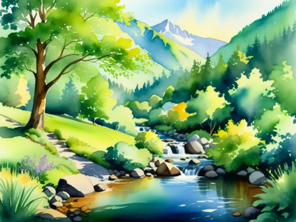 Un retiro espiritual en la montaña, con arroyo y exuberante vegetación, evocando serenidad y paz
