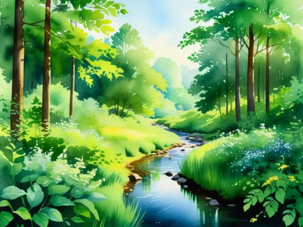 Acuarela 8k de bosque sereno y arroyo Retiro espiritual en el arte de la meditación en un claro boscoso, con un arroyo sereno y una exuberante vegetación