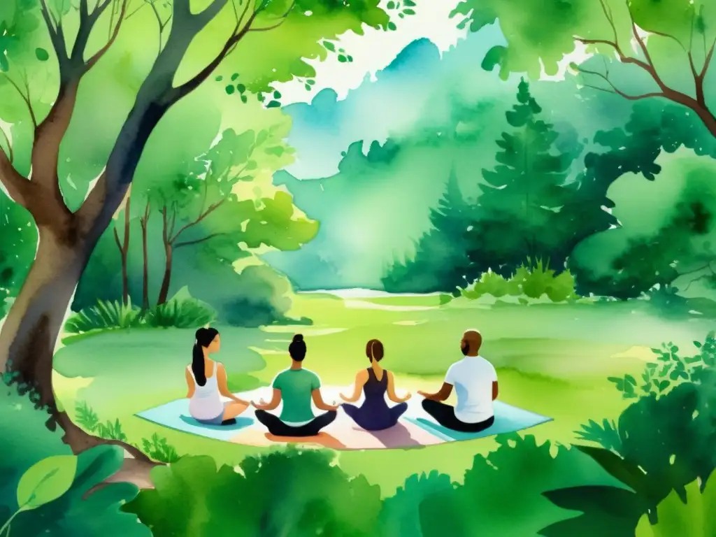 Retiro de yoga en el bosque: serenidad y conexión espiritual Retiro espiritual de yoga y mindfulness en el bosque con gente meditando en círculo