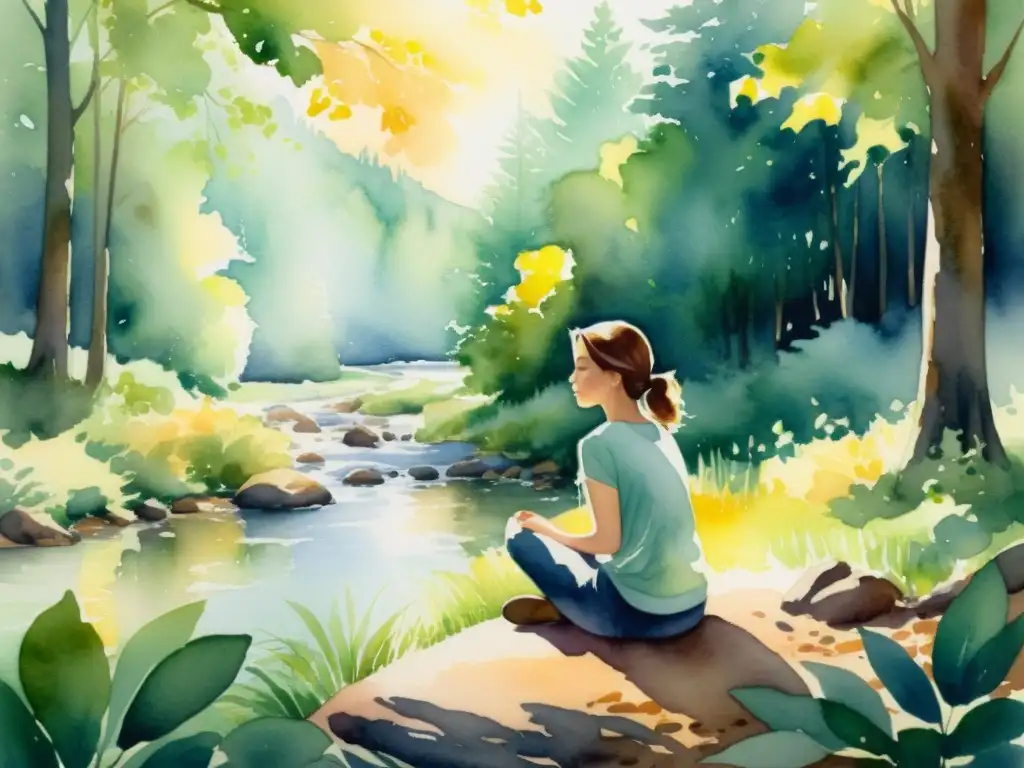 Meditación en el bosque: pintura serena Retiro espiritual en el bosque: una persona medita en silencio bajo los rayos de sol, rodeada de árboles en tonos pastel y un arroyo tranquilo