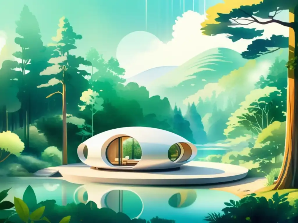 Retiro futurista: AI y meditación en la naturaleza Retiro espiritual con pods de meditación IA en un bosque sereno, que combina la naturaleza con la innovación moderna