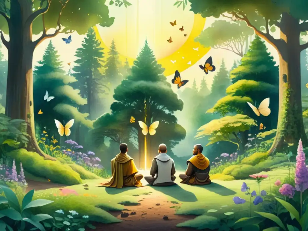 Monjes robóticos en el bosque: pintura acuarela 8k Retiro espiritual en un bosque sereno con monjes robóticos en meditación rodeados de naturaleza exuberante y mariposas