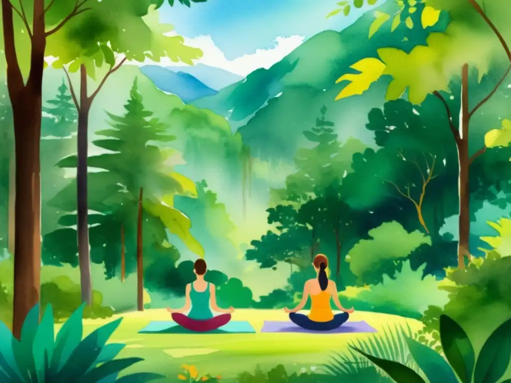 Retiro de yoga en el bosque: serenidad y armonía natural Retiro espiritual de yoga en un bosque sereno, donde se practica la mindfulness entre la exuberante naturaleza y arroyos suaves