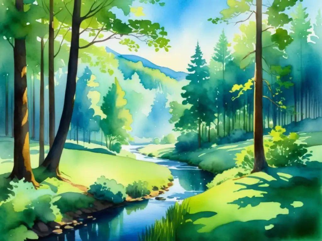 Bosque sereno: meditación en la naturaleza Retiro espiritual en un bosque tranquilo, con una figura meditando bajo la luz filtrada entre los árboles