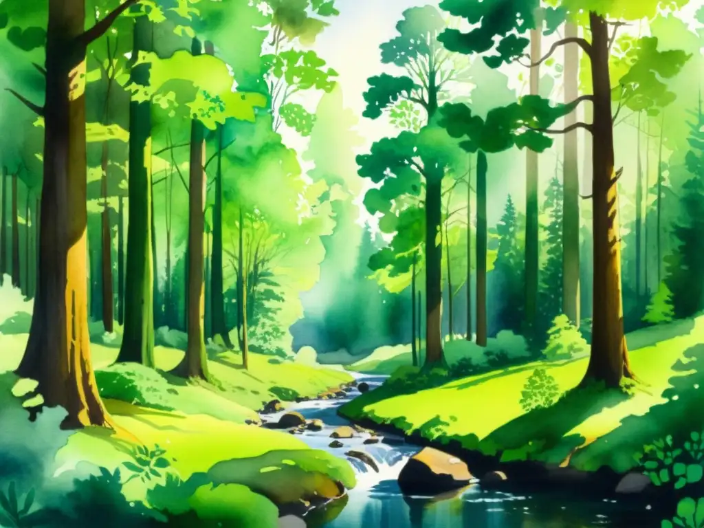 Acuarela serena: bosque antiguo con vida silvestre Retiro espiritual en bosques ancestrales: pintura acuarela de un bosque antiguo sereno, con árboles majestuosos y follaje verde vibrante que filtra la luz del sol, creando un efecto moteado en el suelo del bosque