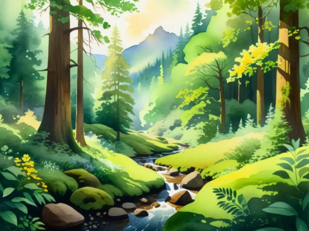 Pintura acuarela 8k de un bosque sereno Retiro espiritual en bosques ancestrales: pintura acuarela detallada en 8k de un sereno paisaje forestal con árboles antiguos, arroyo y luz filtrada
