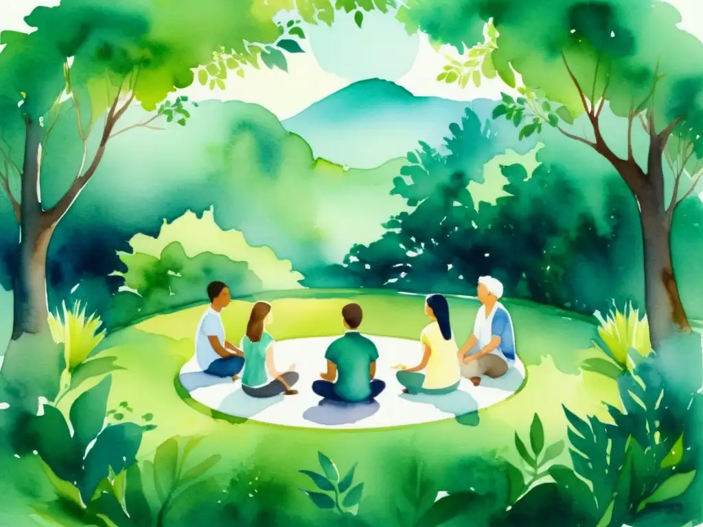 Círculo meditativo en la naturaleza: armonía y reflexión Retiro espiritual de introspección en círculo, rodeado de naturaleza, con música vocal