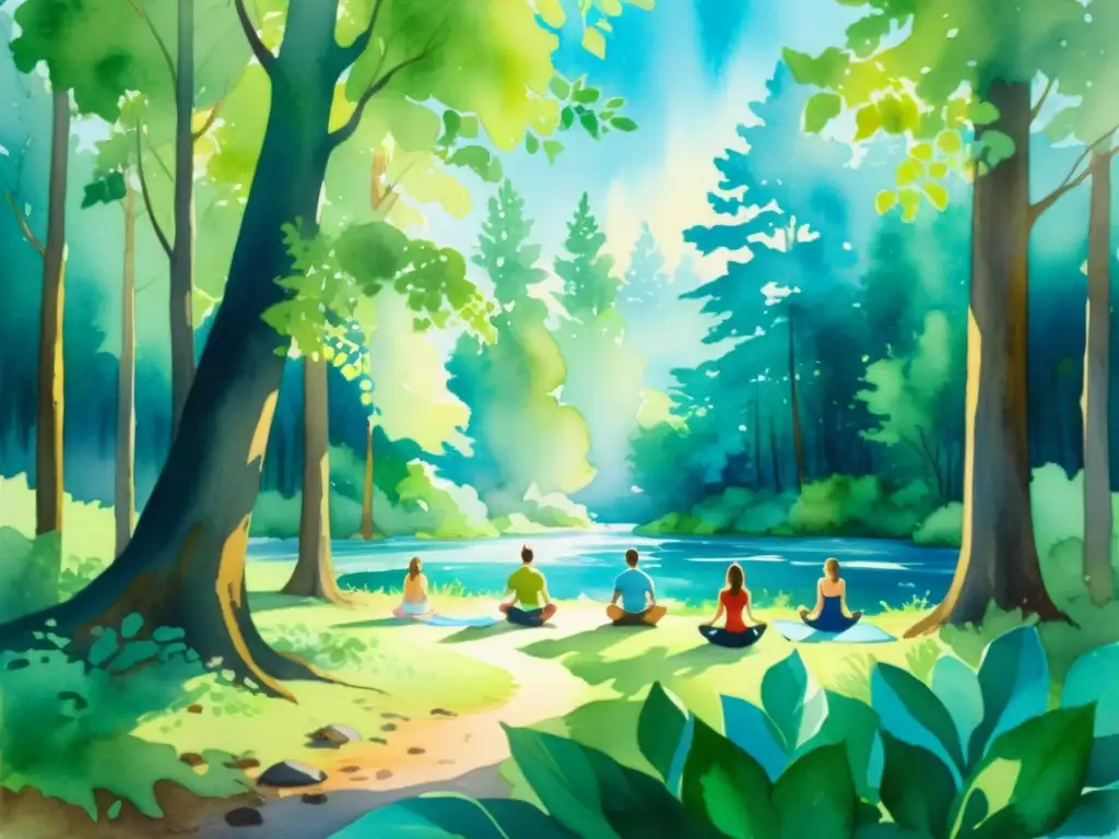 Retiro espiritual en el bosque: yoga y mindfulness en la naturaleza Retiro espiritual de yoga y mindfulness en un claro de bosque, con personas practicando en un ambiente tranquilo y sereno