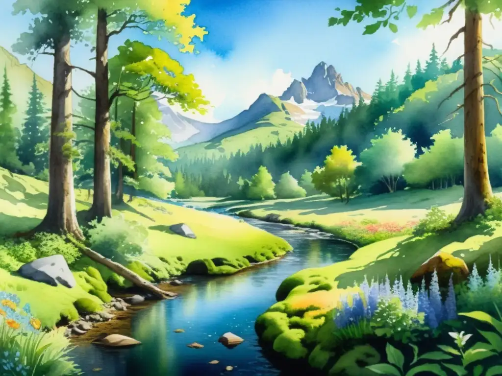 Acuarela serena: bosque, montañas y arroyo Retiro espiritual en un claro del bosque con arroyo y montañas al fondo, reflejando renovación personal e introspección