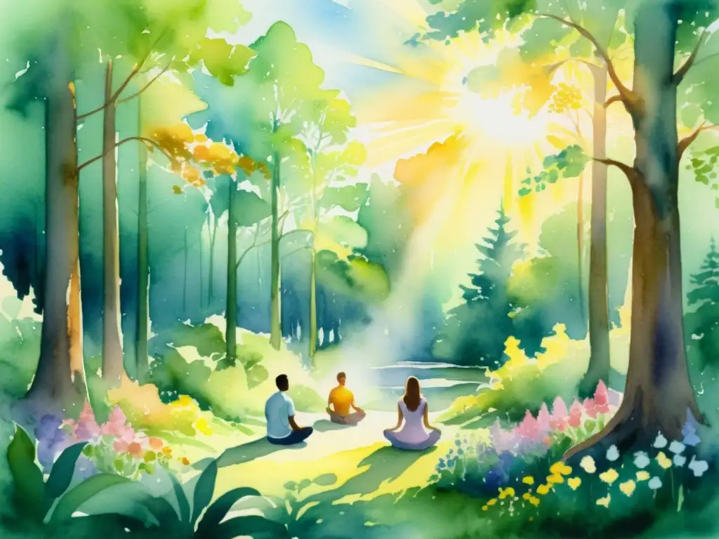 Mediación en bosque iluminado: paz y armonía Un retiro espiritual en un claro del bosque, con luz dorada, flores vibrantes y personas meditando, manifestando energía positiva