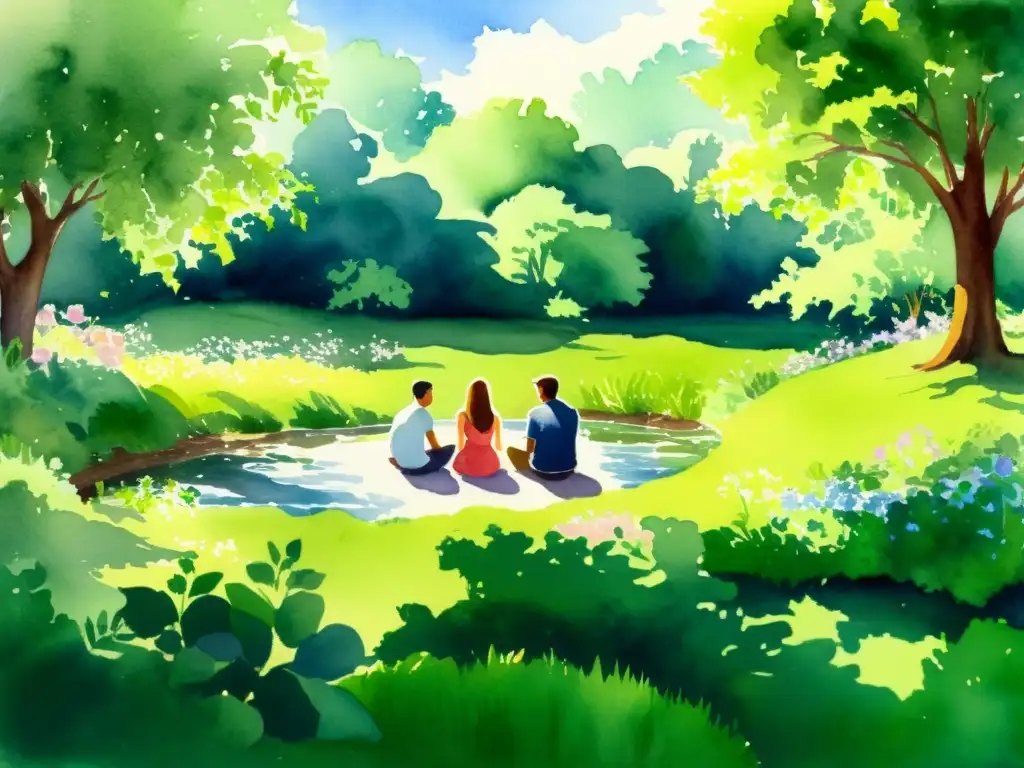 Círculo de conexión: pintura acuarela de serenidad Retiro espiritual en comunidad, en un círculo de paz entre la naturaleza y flores en flor