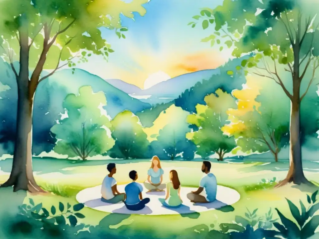 Meditación en comunidad: círculo de paz en la naturaleza Retiro espiritual: meditación en comunidad en la naturaleza, bañados por la luz cálida entre árboles