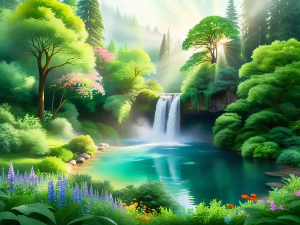 Retiro de Cristal en el Bosque: Serenidad y Espiritualidad Retiro espiritual con energía de cristales en bosque místico y sereno con cascada y meditación