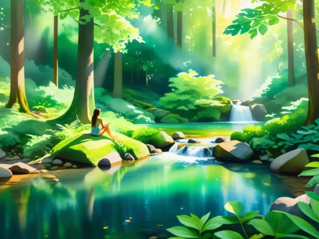 Pintura acuarela 8k: Retiro forestal sereno con arroyo Retiro espiritual con energía de cristales en un paisaje sereno de bosque y arroyo
