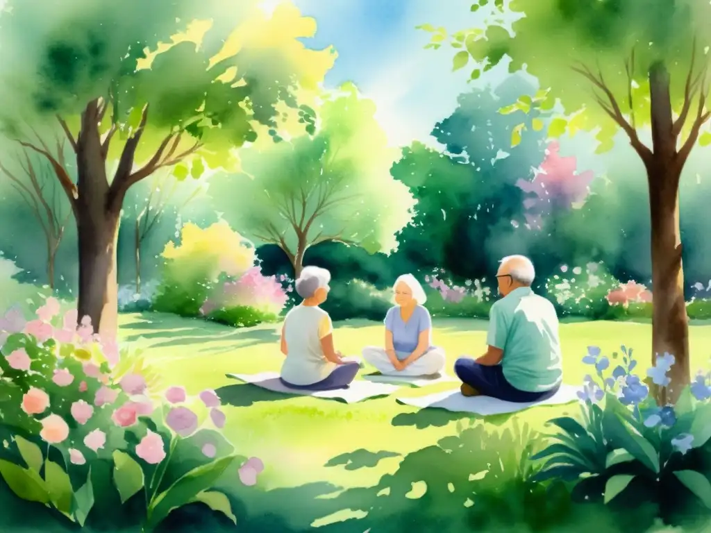 Retiro de meditación para adultos mayores en jardín floreciente Retiro espiritual para envejecimiento consciente: ancianos practicando mindfulness en un jardín exuberante entre flores y naturaleza tranquila