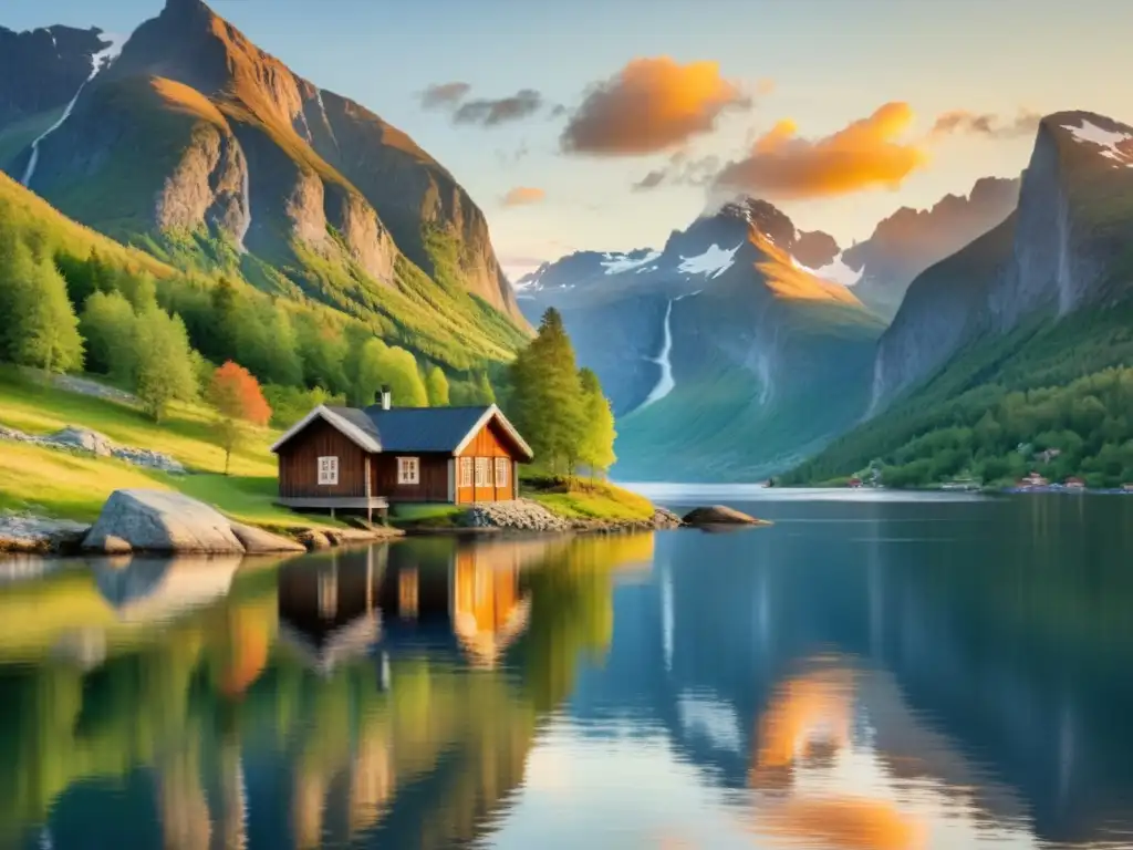 Atardecer mágico en los fiordos noruegos Retiro espiritual en fiordos noruegos: atardecer sereno en las montañas con cabaña entre árboles y reflejos en el agua