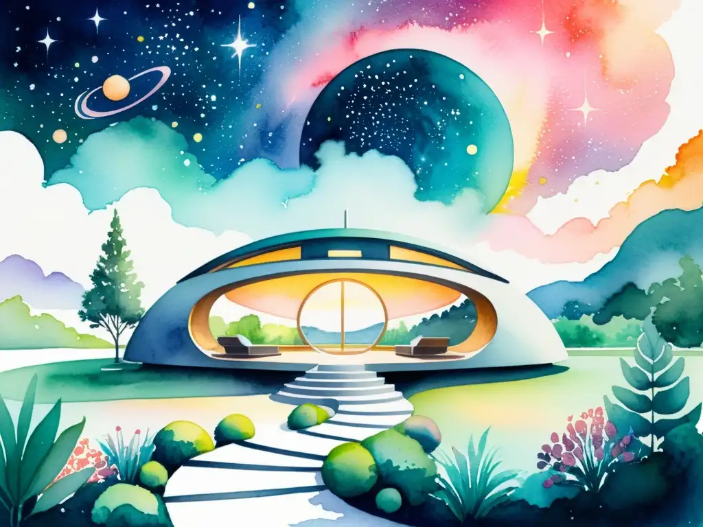 Retiro futurista en paisaje cósmico Retiro espiritual futurista en paisaje etéreo, fusionando arquitectura moderna con naturaleza