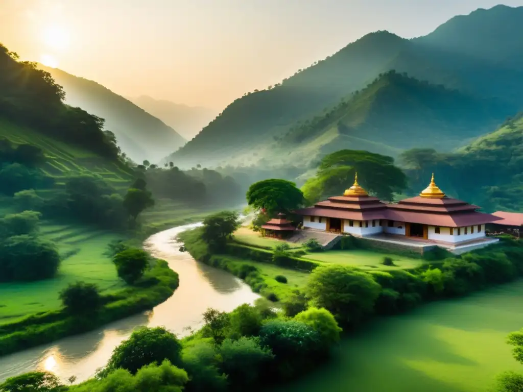 Retiro espiritual en India: ashram en los Himalayas, río tranquilo, atardecer dorado, arquitectura tradicional y montañas majestuosas