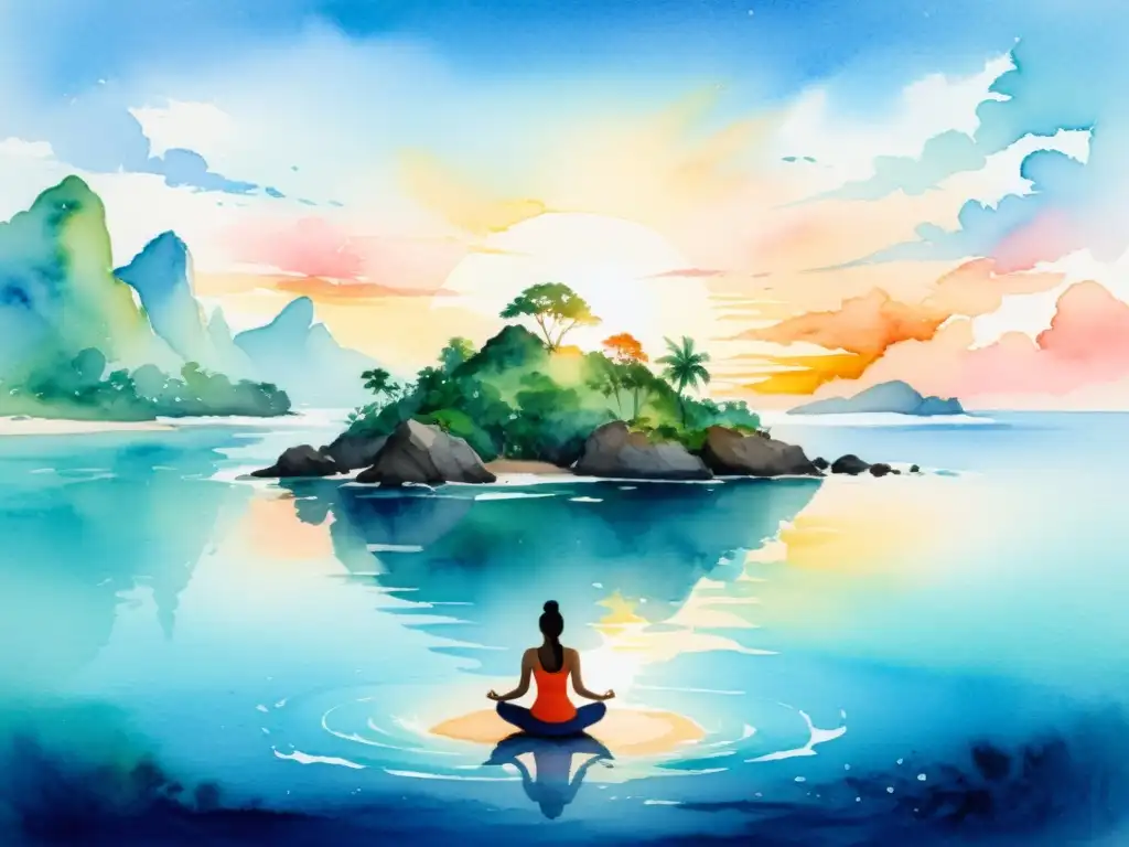Retiro espiritual en isla tropical: meditación al amanecer Un retiro espiritual en una isla desconocida, rodeada de aguas cristalinas y naturaleza exuberante, donde la serenidad y el silencio se conectan