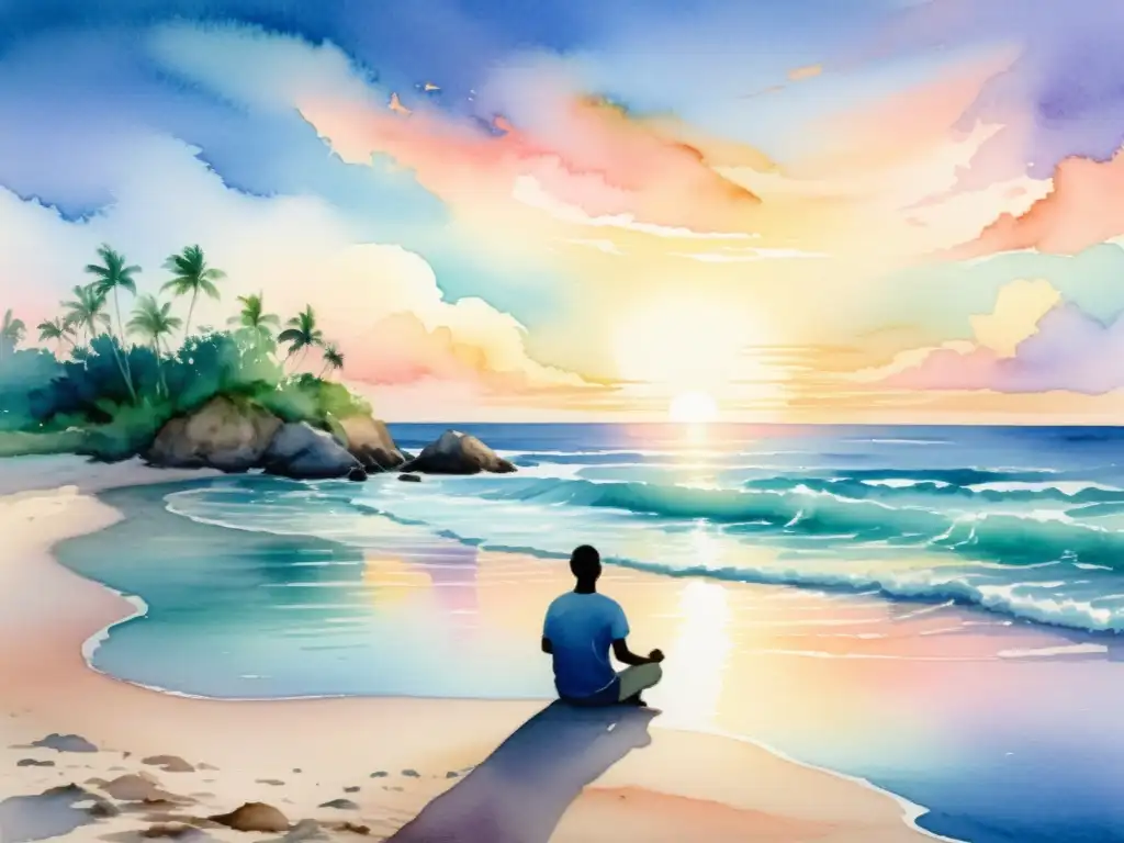 Retiro espiritual en playa remota Retiro espiritual en isla remota: pintura acuarela de playa tranquila al atardecer, figura en meditación, rodeada de serenidad natural