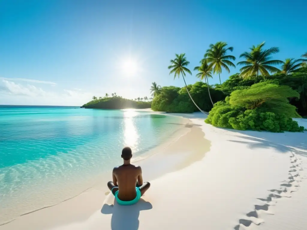 Retiro espiritual en isla paradisíaca: paz y renovación Retiro espiritual en isla remota: Imagen de isla serena y exuberante, con aguas turquesas y figura en meditación en la playa