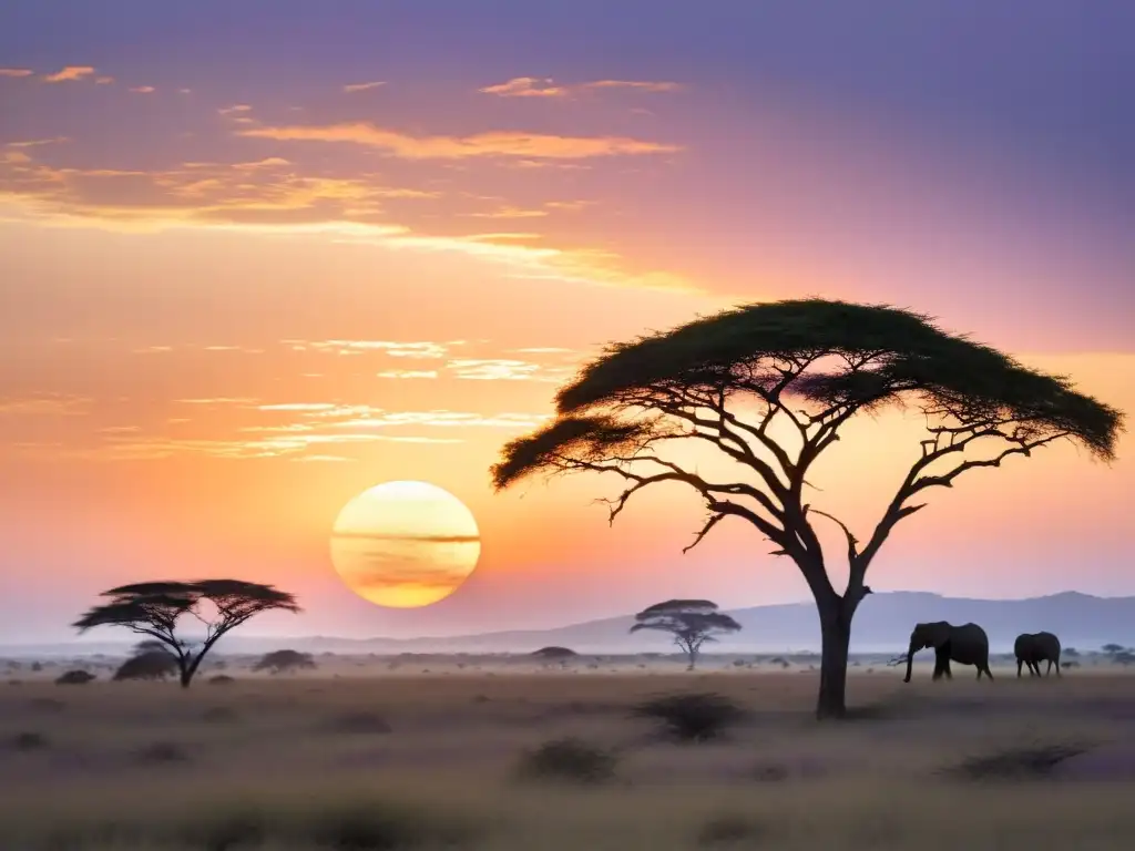 Puesta de sol serena en las llanuras del Serengeti Un retiro espiritual en las llanuras del Serengeti: un atardecer sereno con efecto acuarela, sol dorado y siluetas de árboles y vida silvestre