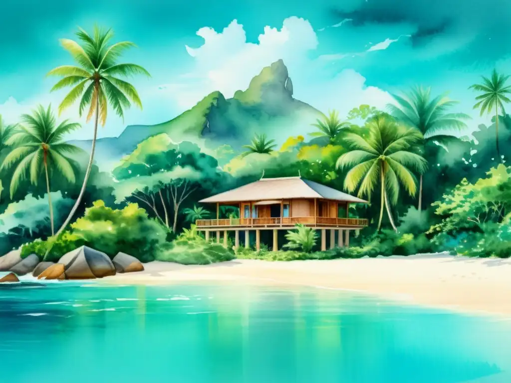 Retiro de lujo en Seychelles: pavilion de yoga entre naturaleza exuberante Un retiro espiritual de lujo en Seychelles, con un pabellón de yoga en un entorno exuberante y aguas turquesas