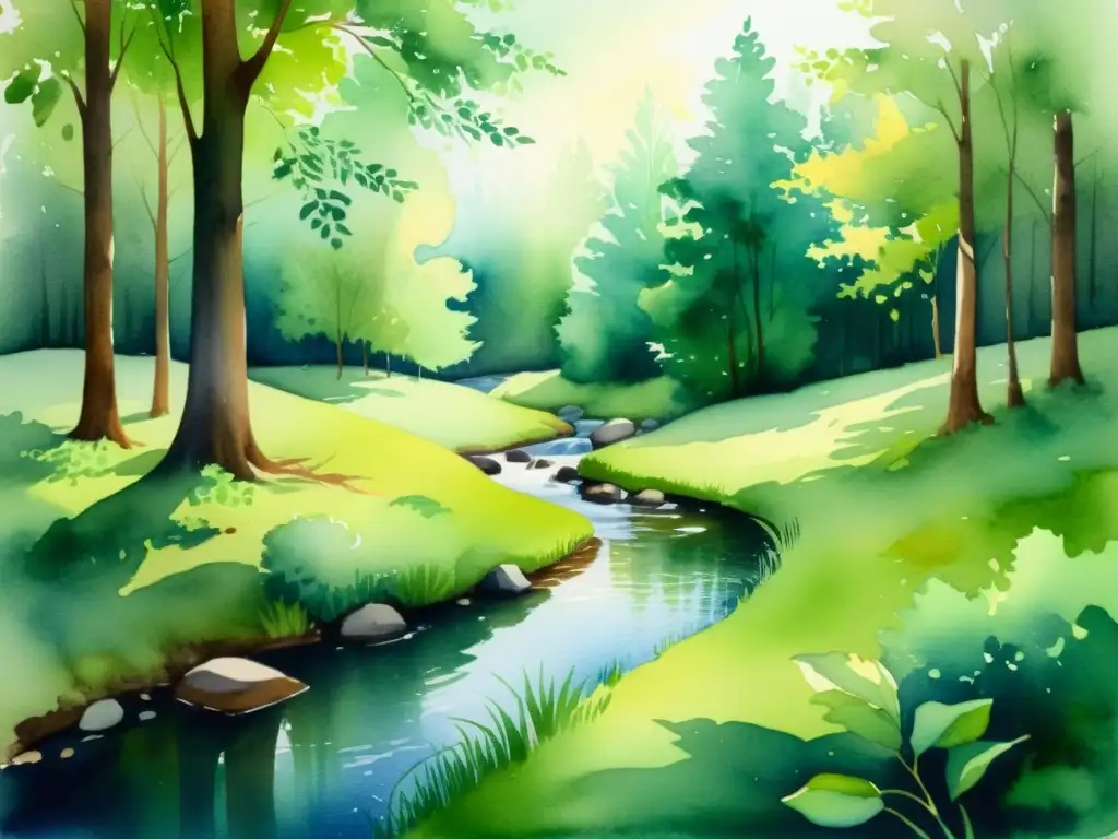 Bosque sereno: acuarela de un claro tranquilo Retiro espiritual en el bosque: luz filtrada entre hojas, arroyo sereno y atmósfera meditativa para renovación personal
