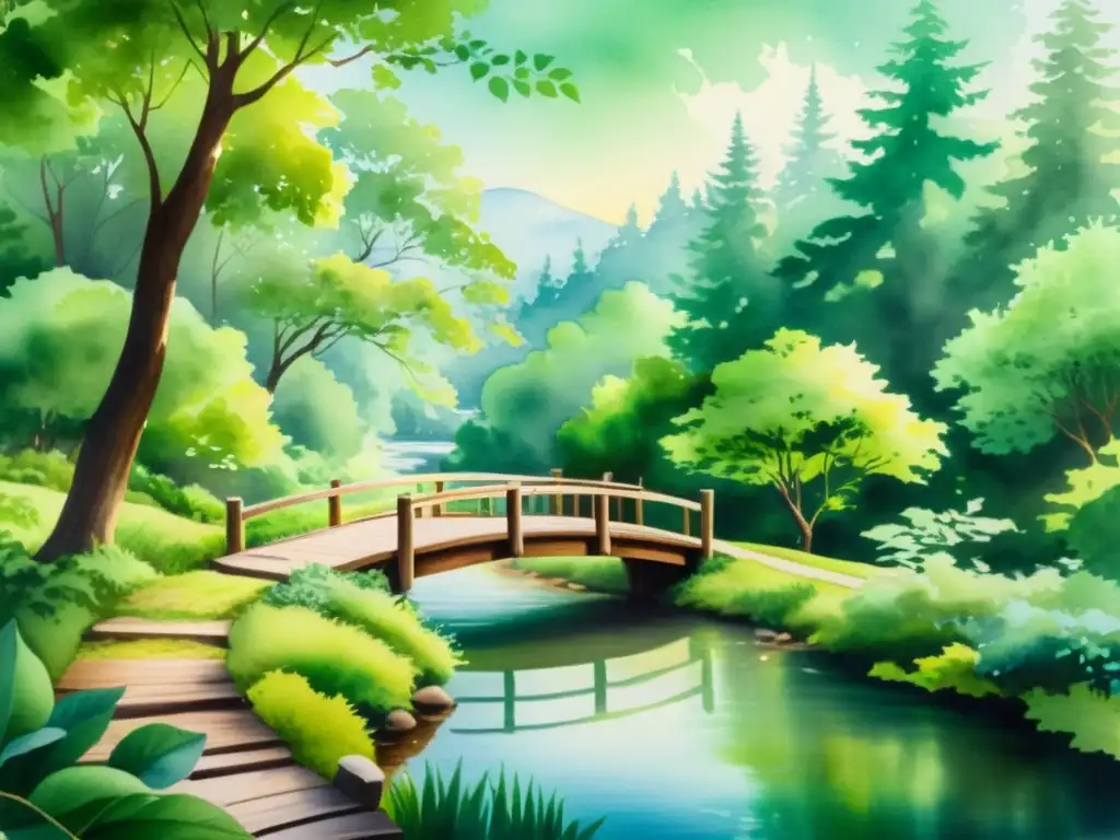 Armoniosa pintura acuarela de un bosque tranquilo con yoga y meditación Retiro espiritual para manejo del estrés: pintura serena de bosque, río, árboles, yoga y meditación en un claro tranquilo