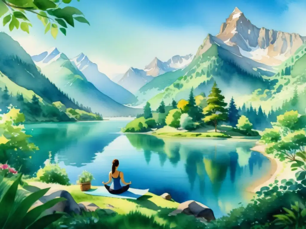 Retiro en la montaña: yoga y meditación en la naturaleza Retiro espiritual para manejo del tiempo y estrés: Pintura de montaña serena con yoga junto al lago, rodeada de naturaleza y paz