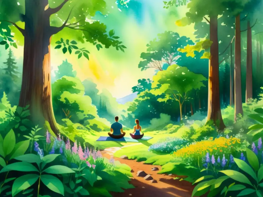 Cuadro en acuarela 8K: Meditadores en bosque sereno Retiro espiritual con movimiento consciente en un claro del bosque, meditadores en posturas de yoga rodeados de naturaleza exuberante y arroyos tranquilos