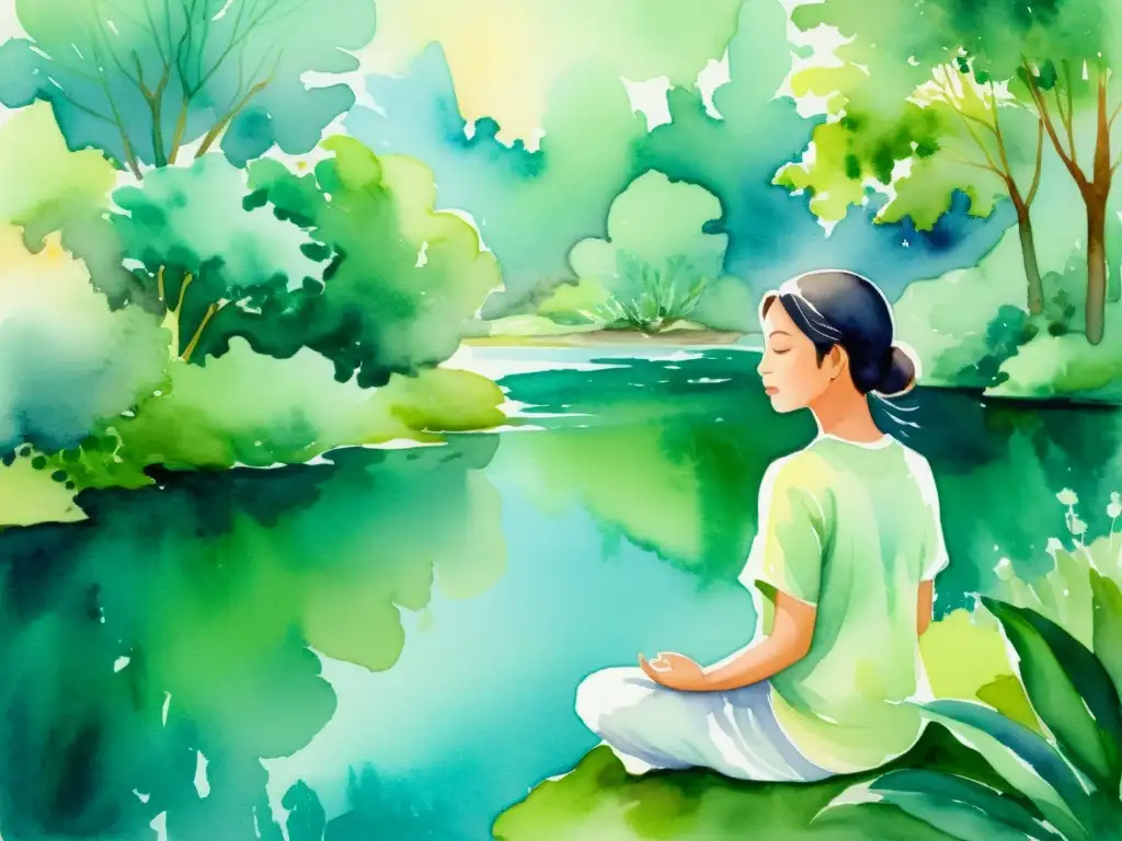 Retrato sereno en acuarela de meditación en la naturaleza Retiro espiritual en la naturaleza, meditación activa junto al agua y exuberante vegetación, creando un ambiente de paz y serenidad