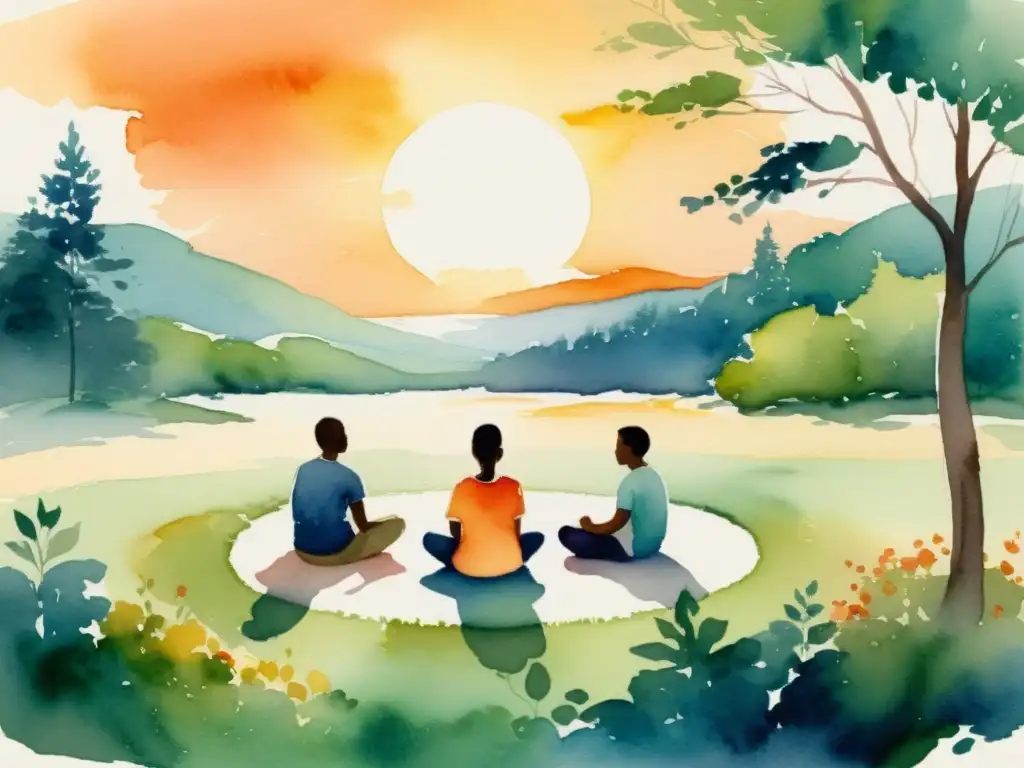Círculo de meditación en la naturaleza al atardecer Retiro espiritual en comunidad: círculo de meditación en la naturaleza al atardecer, reflejando calma y conexión