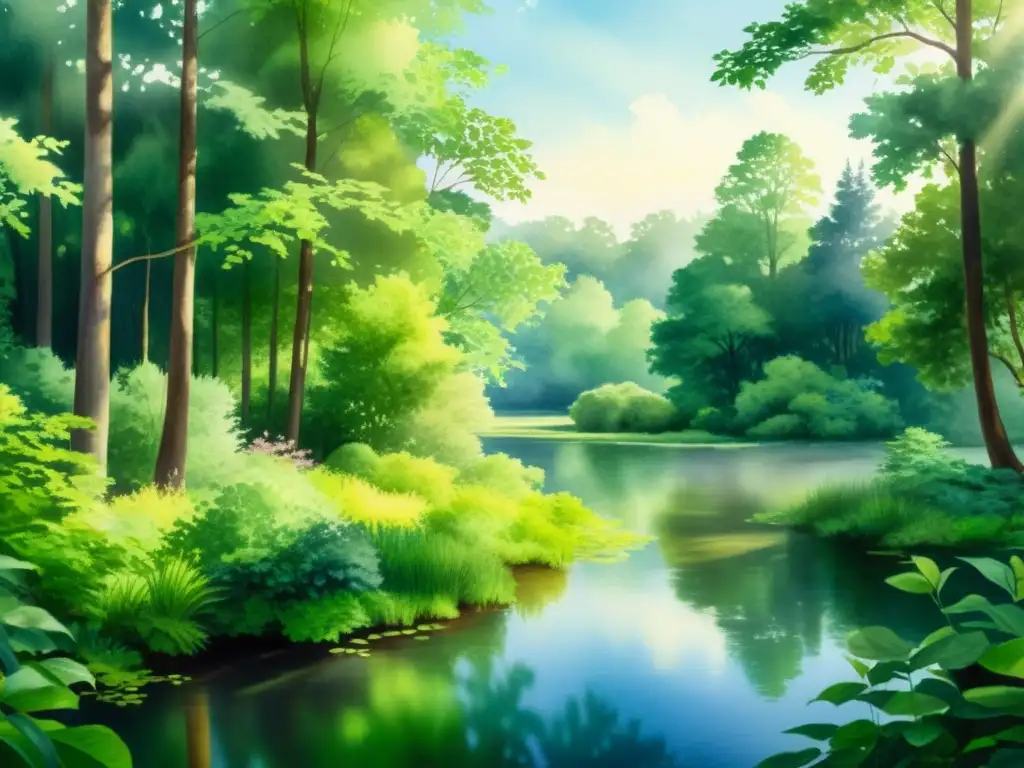 Bosque sereno: pintura acuarela transmite paz y belleza natural Retiro espiritual en la naturaleza: un claro en el bosque, luz filtrada entre el follaje y reflejos en el estanque