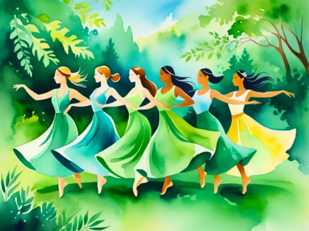Danza armónica en la naturaleza: pintura acuarela Retiro espiritual en la naturaleza: danza en armonía con la naturaleza, serenidad y conexión espiritual