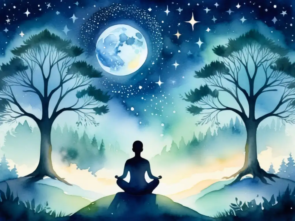 Meditación bajo las estrellas: conexión espiritual en la naturaleza Retiro espiritual en la naturaleza: meditación bajo la luna en un claro rodeado de árboles antiguos, evocando paz y renovación interior