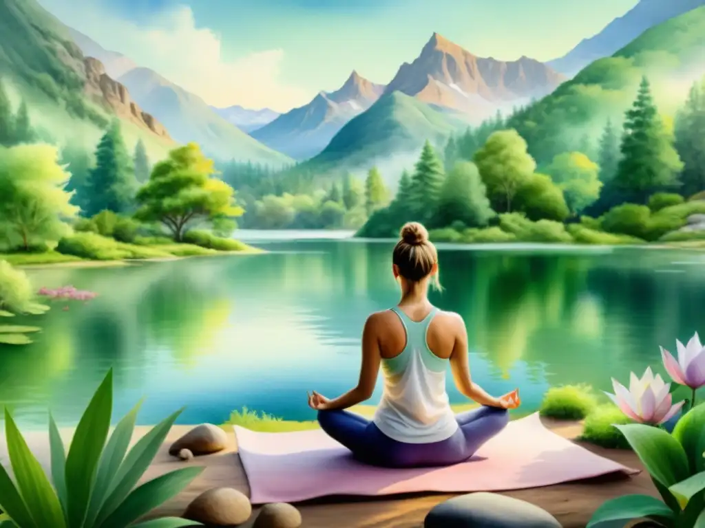 Retiro de yoga en la naturaleza: serenidad en las montañas Un retiro espiritual de yoga en la naturaleza, con montañas, lago, practicantes en armonía