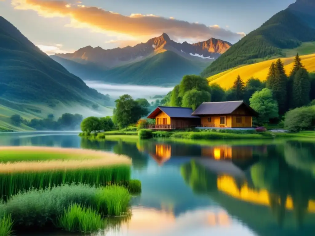 Un retiro espiritual en armonía con la naturaleza: montañas majestuosas, lago sereno, flores silvestres y árboles ancestrales