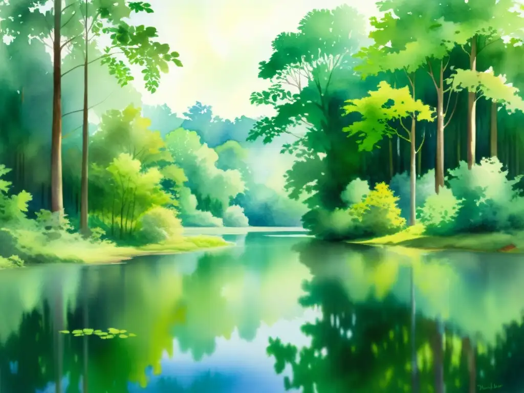 Retiro espiritual en el bosque: acuarela serena Retiro espiritual en la naturaleza: un paisaje acuarela sereno con bosque, luz filtrada y reflejos en un tranquilo estanque