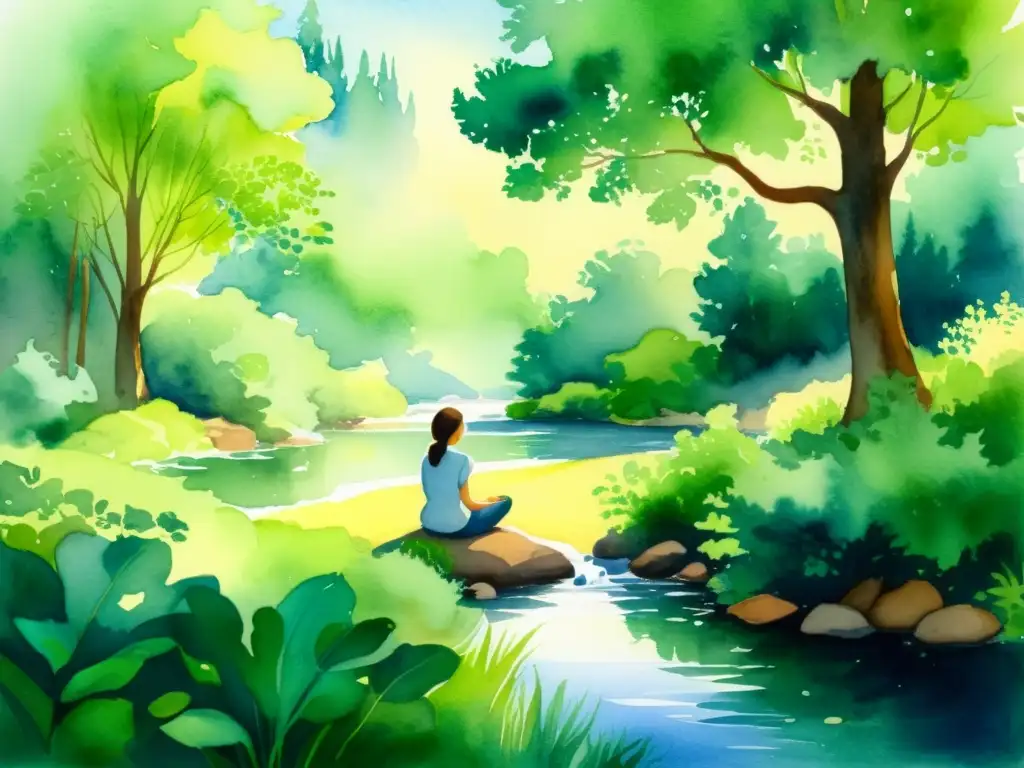 Serena meditación en la naturaleza Retiro espiritual en la naturaleza, contemplación serena junto al arroyo entre exuberante vegetación y luz suave