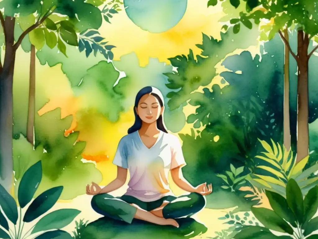 Meditación en la naturaleza: serenidad y paz interior Retiro espiritual en la naturaleza, meditación en silencio bajo la luz dorada entre la vegetación exuberante