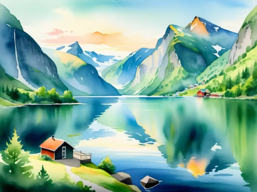 Retiro sereno en los fiordos noruegos Retiro espiritual en fiordos noruegos: ilustración acuarela serena con paisajes impresionantes y atmósfera tranquila y acogedora