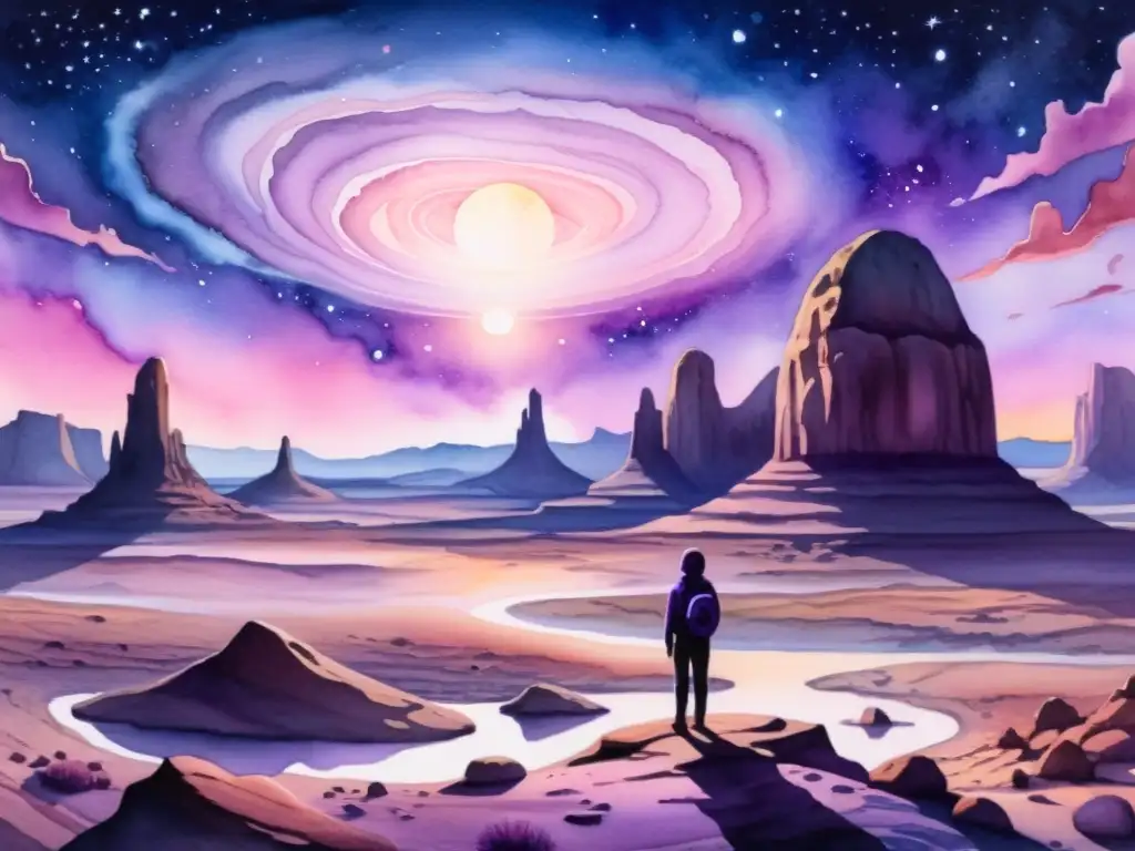 Acuarela detallada: Figura en paisaje alienígena Retiro espiritual en paisaje alienígena, figura serena bajo estrella lejana, escuchando el silencio cósmico