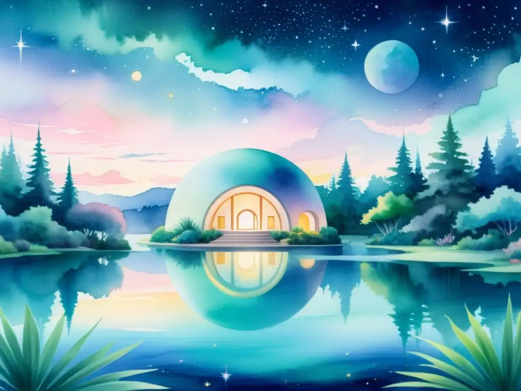 Retiro espiritual en el espacio: pintura acuarela de un oasis alienígena Retiro espiritual en un paisaje alienígena sereno, con domo de meditación, vegetación exuberante y cielo estrellado en tonos pastel