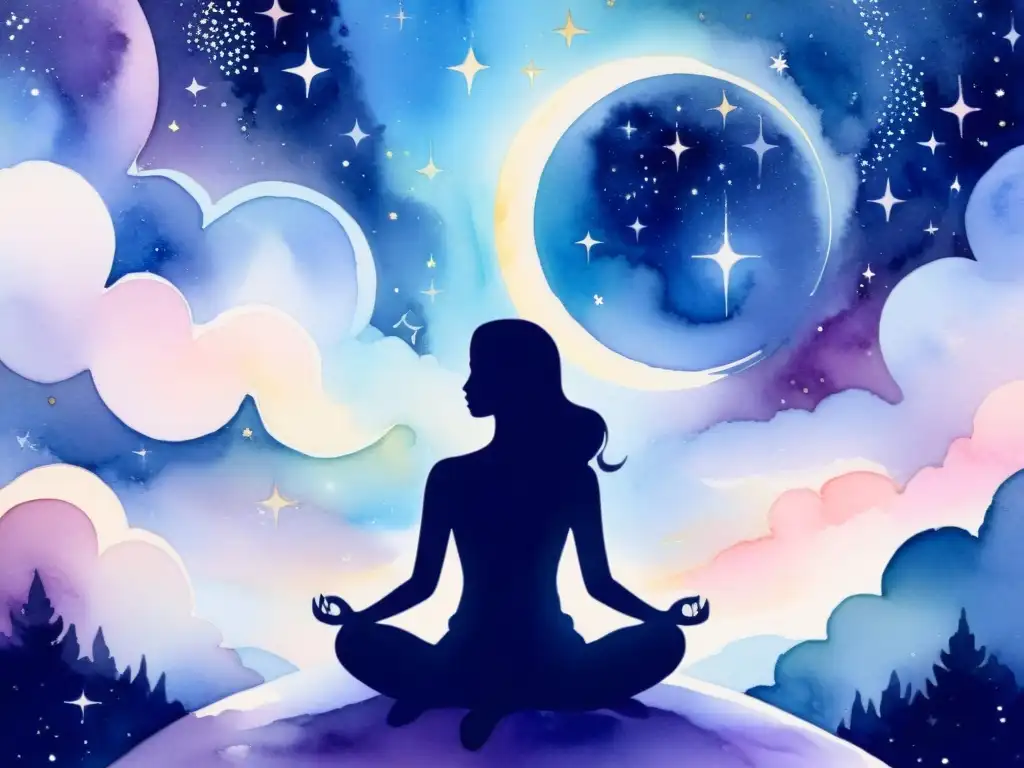 Meditación cósmica: pintura acuarela serena Retiro espiritual en un paisaje cósmico sereno, con una figura meditando entre estrellas y galaxias, transmitiendo introspección y conexión espiritual