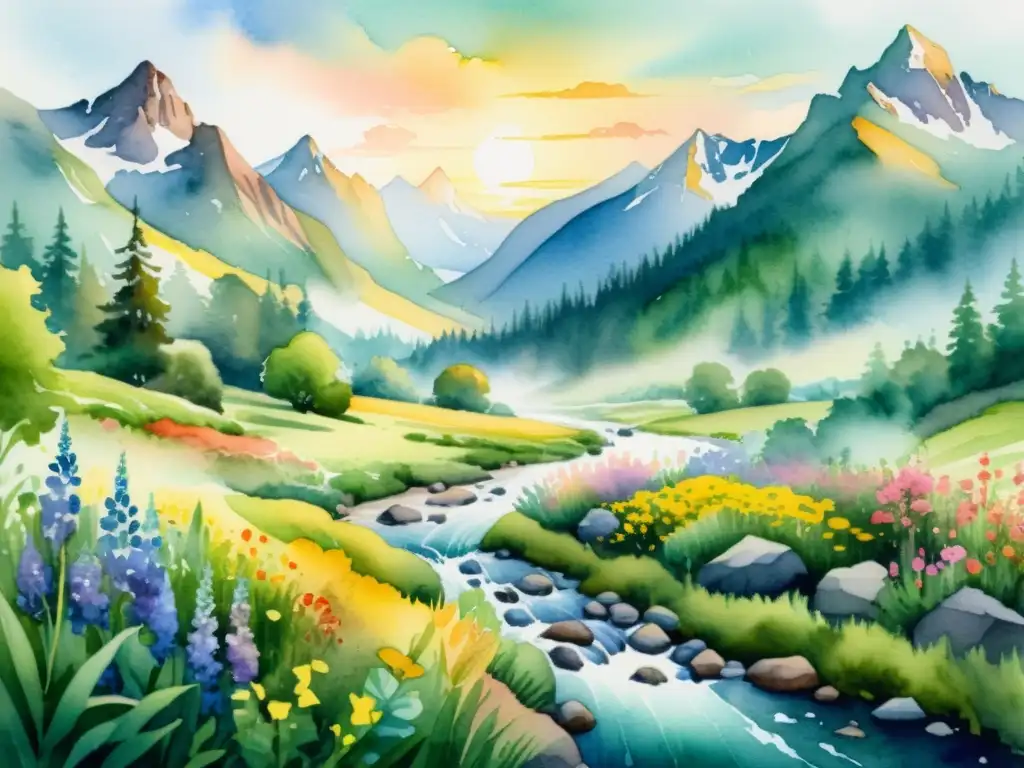 Espléndido paisaje montañoso en acuarela 8k Retiro espiritual en paisaje montañoso pintado en acuarela, con río, flores silvestres y amanecer cálido