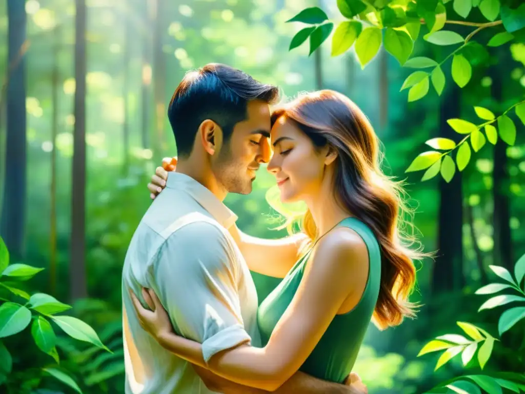 Abrazo íntimo en el bosque: acuarela serena Retiro de tantra para exploración espiritual: pareja abrazada en un bosque sereno, fundiéndose con la naturaleza en un cuadro de acuarela