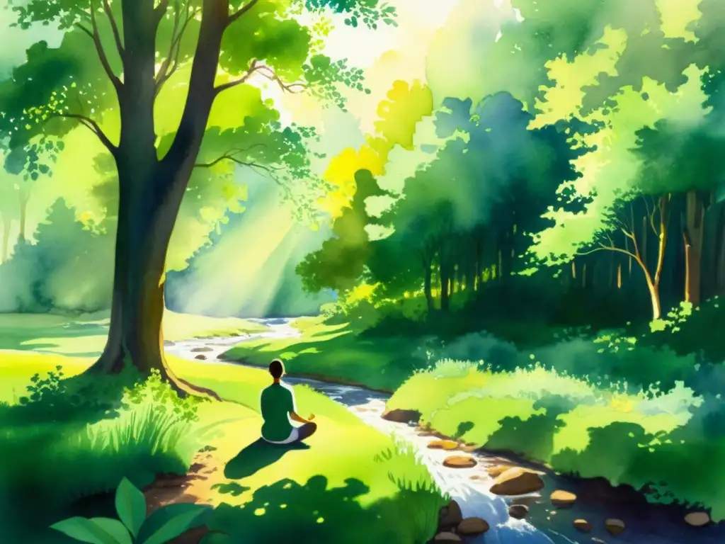 Meditación en el bosque: serenidad y conexión espiritual Retiro espiritual en bosque: persona medita en claridad verde, sol filtrando entre hojas, arroyo refleja atardecer dorado