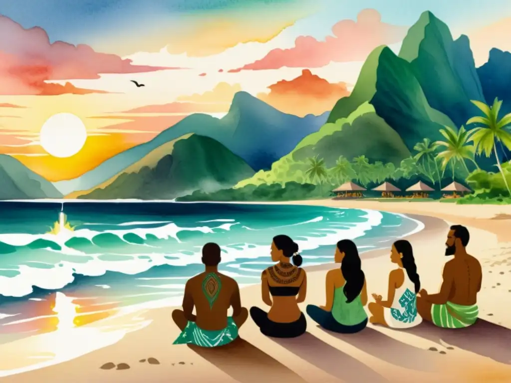Retiro espiritual en la playa polinesia Un retiro espiritual en Polinesia: pintura acuarela de un grupo en una playa con montañas verdes y el sol poniéndose sobre el océano